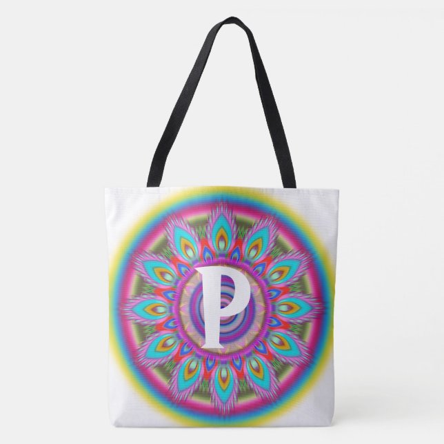 Bolso De Tela Personalizado Tote hippy psicodélico inicial blanc (Anverso)