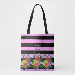 Bolso De Tela Personalizado trendy Black Pink Stripes & Flowers