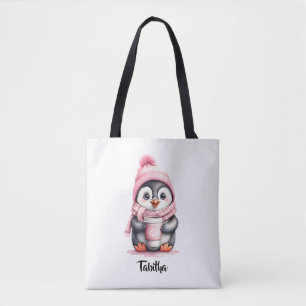 Bolso De Tela Personalizar Navidades de pingüino rosado