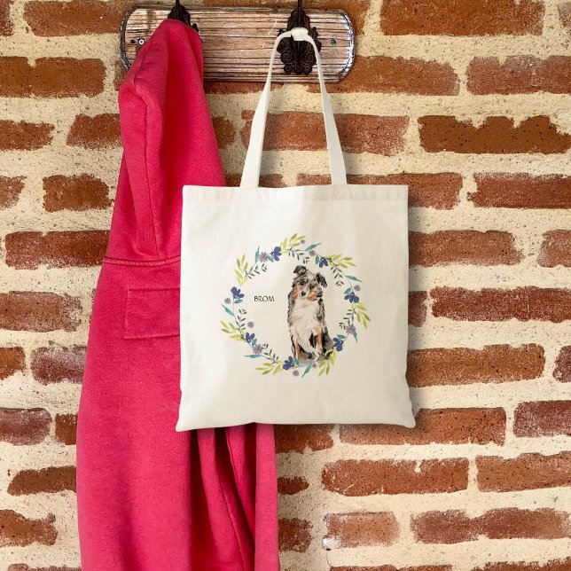 Bolso De Tela Personalizar Pastor Australiano de Acuarela (Cute watercolor dog in floral wreath)