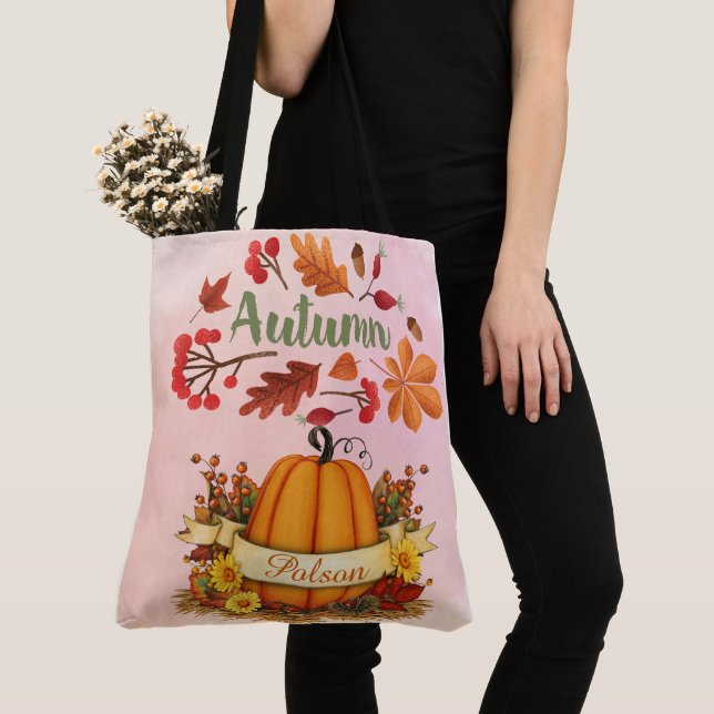 Bolso De Tela Personalized Autumn Gnome & Pumpkin Fall Gift Tote (Detalle)