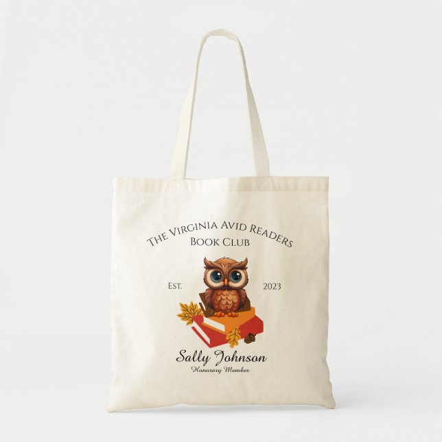 Bolso De Tela Personalized Book Club Tote Bag with Cute Owl  (Frente)