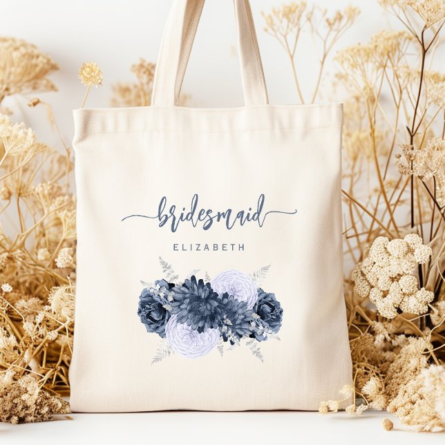 Bolso De Tela Personalized Bridesmaid Floral Dusty Blue Script (Subido por el creador)