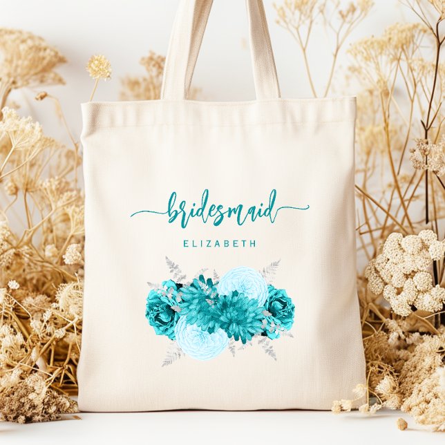 Bolso De Tela Personalized Bridesmaid Floral Turquoise Silver (Subido por el creador)
