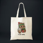 Bolso De Tela Personalized Cute Christmas Cat Tote Bag<br><div class="desc">Personalized cute Christmas cat tote bag featuring an adorable kawaii kitty wearing a festive winter hat and holding a holiday gift and iced coffee. This charming holiday tote bag is perfect for cat lovers and anyone who enjoys cozy winter designs. Add your own custom name to make this tote bag...</div>