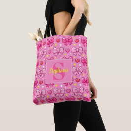 Bolso De Tela Personalized Cute Kawaii Girly Pink Bows Monogram