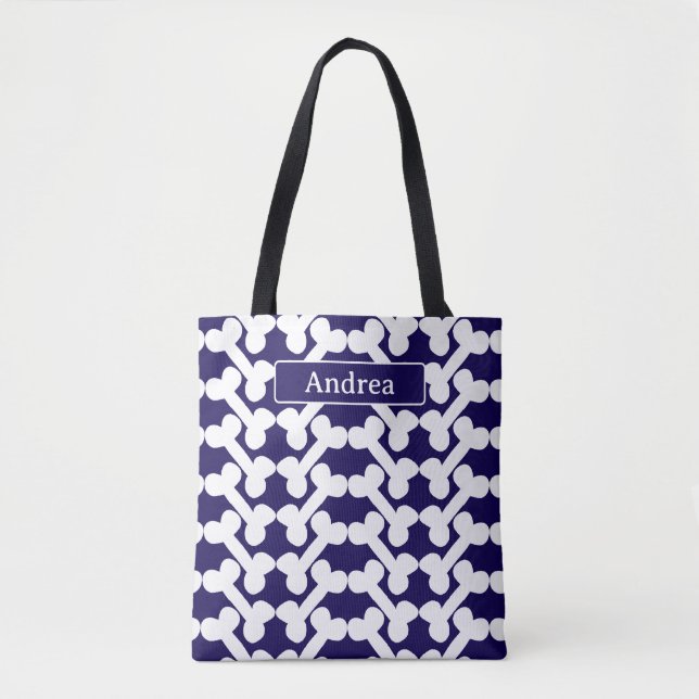 Bolso De Tela Personalized Dog Bone Pattern Navy White Modern  (Anverso)
