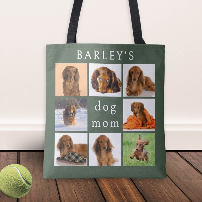 Bolso De Tela Personalized Dog Mom 8-Photo Collage Sage Green (A stylish, sage green tote bag for the 'dog mom', with personalized pet photo collage)