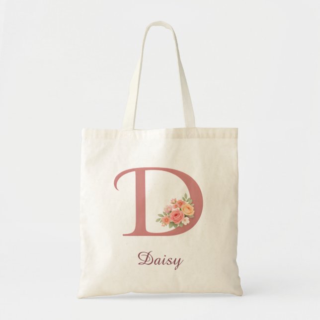Bolso De Tela Personalized Floral Letter D Monogram Tote (Frente)