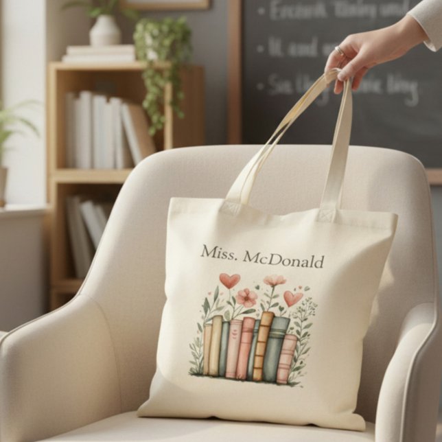 Bolso De Tela Personalized Floral Stacked Books Teacher (Subido por el creador)