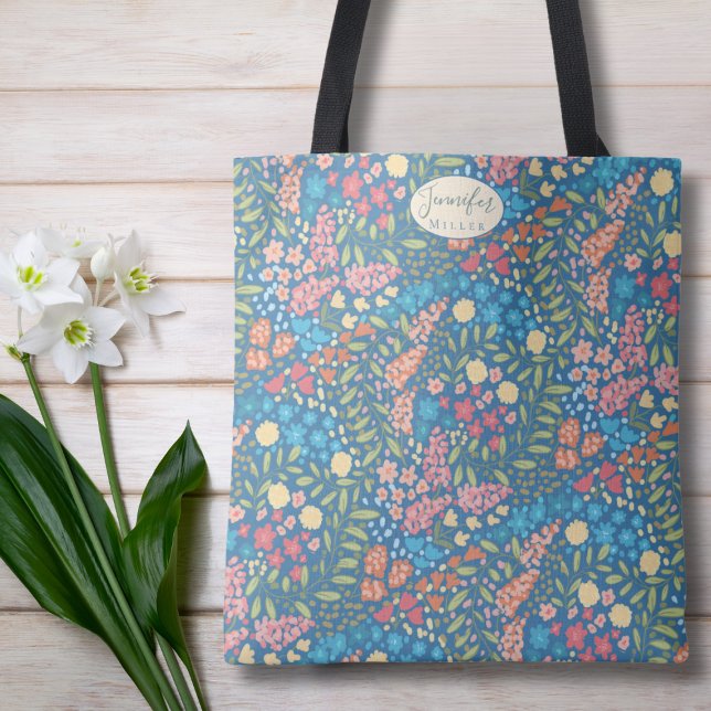 Bolso De Tela Personalized Floral Tote Bag | Gift for Her  (Personalized Blue Floral Tote Bag)