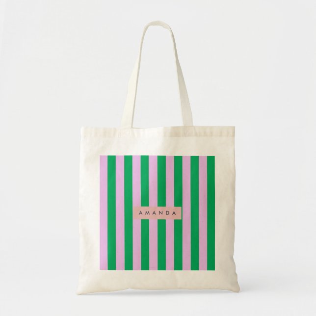 Bolso De Tela Personalized Fresh Green and Pink Striped Retro (Frente)