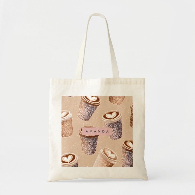 Bolso De Tela Personalized Glitter Coffee Cup Latte Art  (Frente)