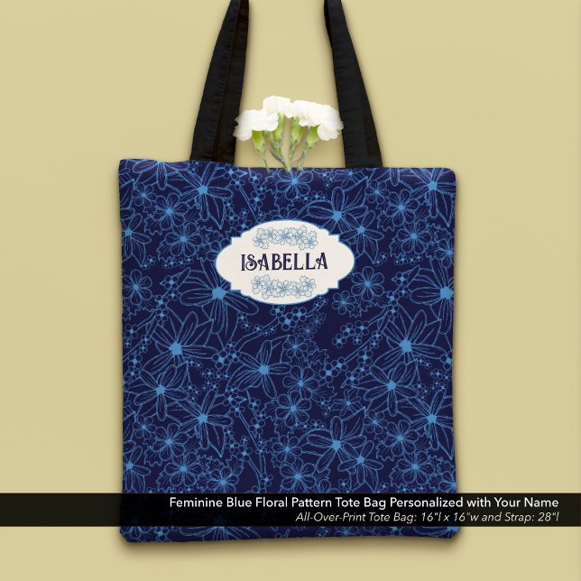 Bolso De Tela Personalized Name Feminine Blue Floral Pattern (Feminine Blue Floral Pattern Tote Bag–Personalized with Your Name)