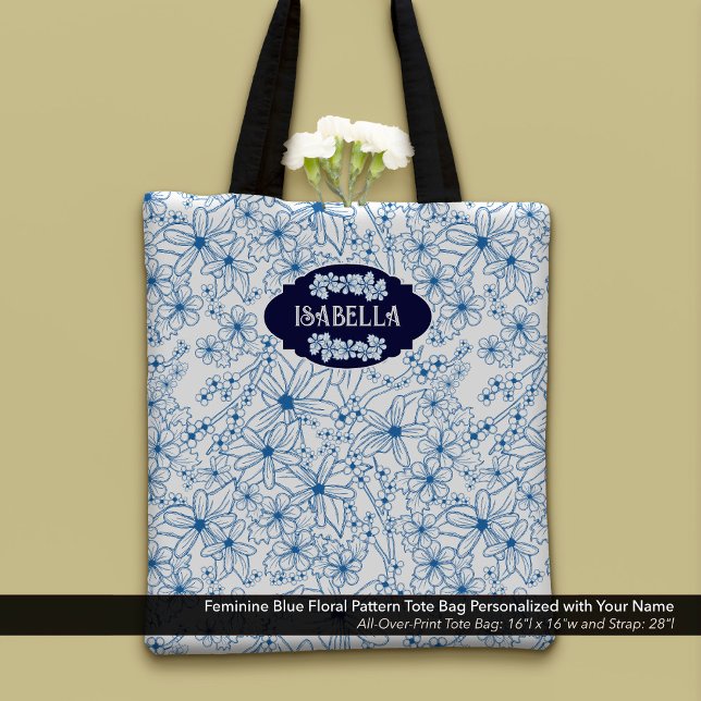 Bolso De Tela Personalized Name Feminine Blue Floral Pattern (Feminine Blue Floral Pattern Tote Bag–Personalized with Your Name)