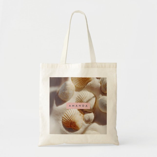 Bolso De Tela Personalized Pastel Coastal Seashells on Sand  (Frente)
