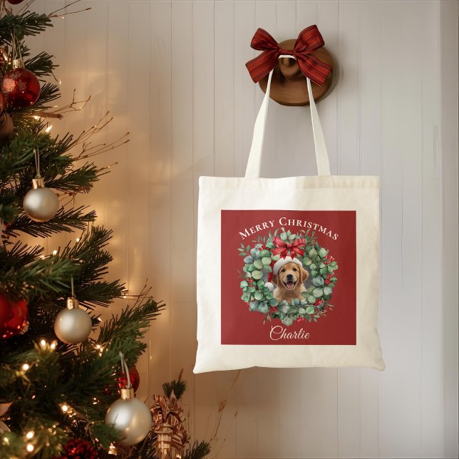 Bolso De Tela Personalized Pet Christmas with Wreath & Name Tote (Subido por el creador)