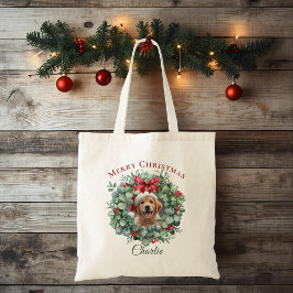 Bolso De Tela Personalized Pet Christmas with Wreath & Name Tote