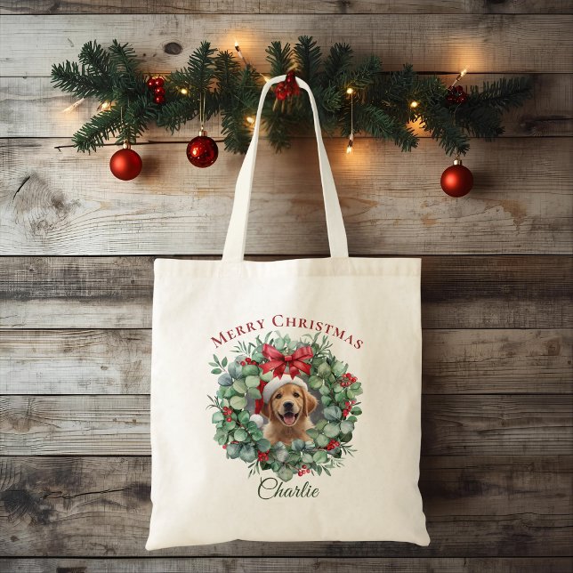 Bolso De Tela Personalized Pet Christmas with Wreath & Name Tote (Subido por el creador)