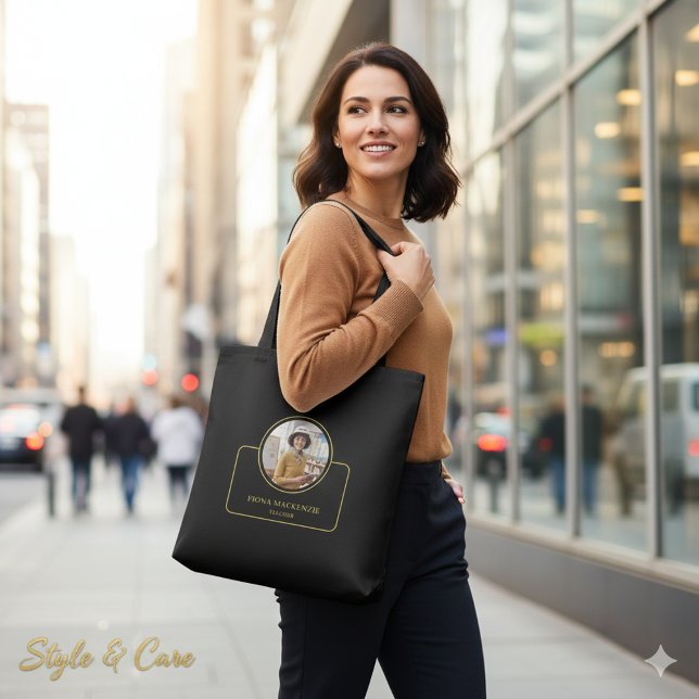Bolso De Tela Personalized Photo and Name with Job Title Black (Personalized Photo and Name with Job Title Black Tote Bag)