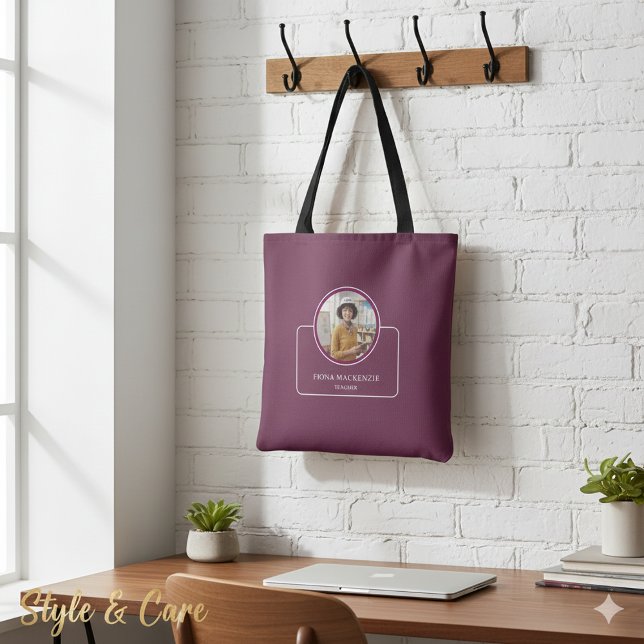 Bolso De Tela Personalized Photo and Name with Title Burgundy (Personalized Photo and Name with Title Burgundy Tote Bag)