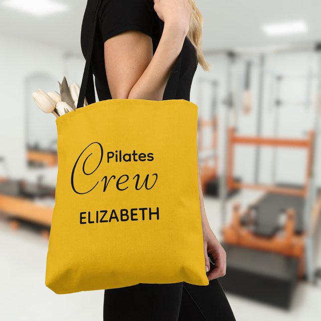 Bolso De Tela Personalized Pilates Crew Reformer Or Mat Yellow (Pilates Crew tote bag. Background out of focus.)