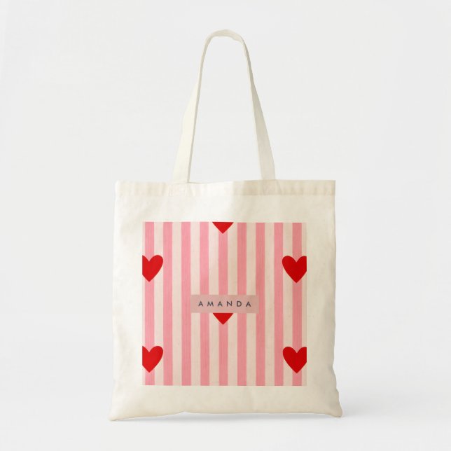 Bolso De Tela Personalized Playful Red Heart & Pink Stripe  (Frente)