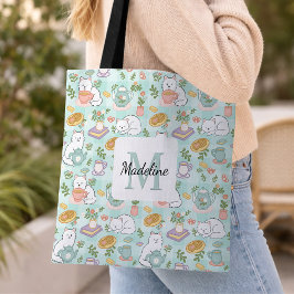 Bolso De Tela Personalized Tea Bookish Cats Tote Bag Mint Green