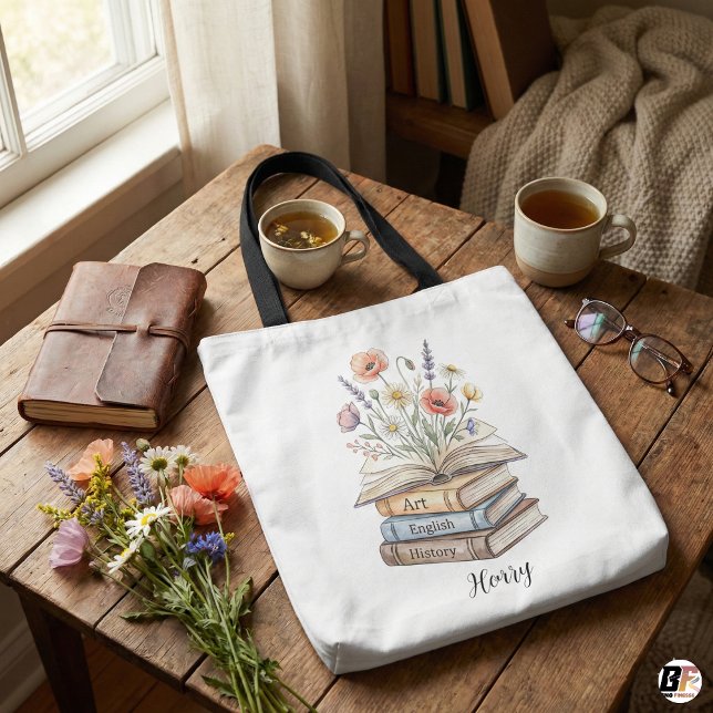 Bolso De Tela Personalized Teacher Floral Book Stack Custom Gift (Subido por el creador)