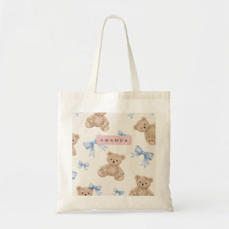 Bolso De Tela Personalized Teddy Bear & Blue Bow Pattern