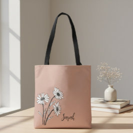 Bolso De Tela Personalized Tote Bag with White and Black Daisies