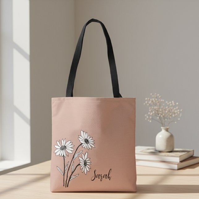 Bolso De Tela Personalized Tote Bag with White and Black Daisies (Subido por el creador)