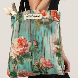 Bolso De Tela Personalized Turquoise Shabby Chic Rose Carryall