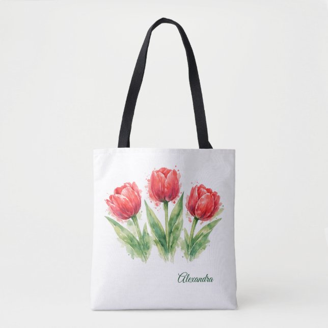 Bolso De Tela Personalized Watercolor Red Tulips Tote Bag (Anverso)