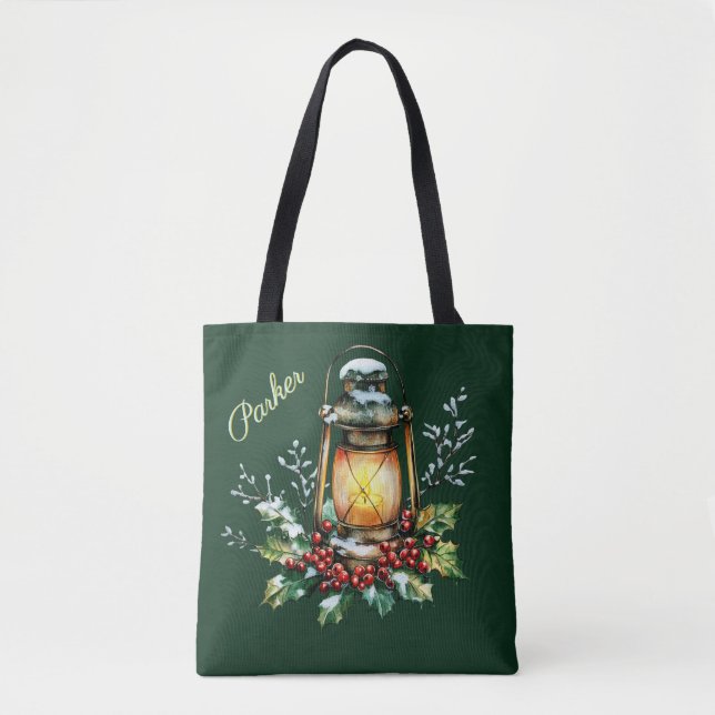 Bolso De Tela Personalized Winter Watercolor Holly & Berries (Anverso)