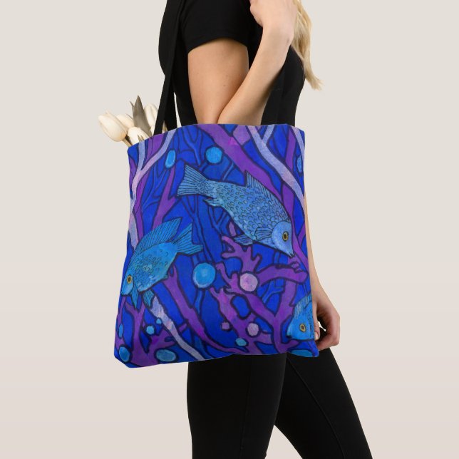 Bolso De Tela Pescado azul en algas marinas, colección de papel  (Detalle)