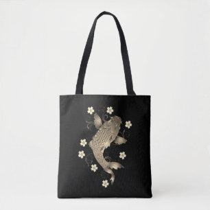 Bolso De Tela Pescado de Koi negro oriental y dorado floral eleg