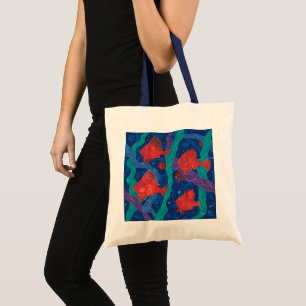 Bolso De Tela Pescado rojo, algas marinas, animales marinos, art