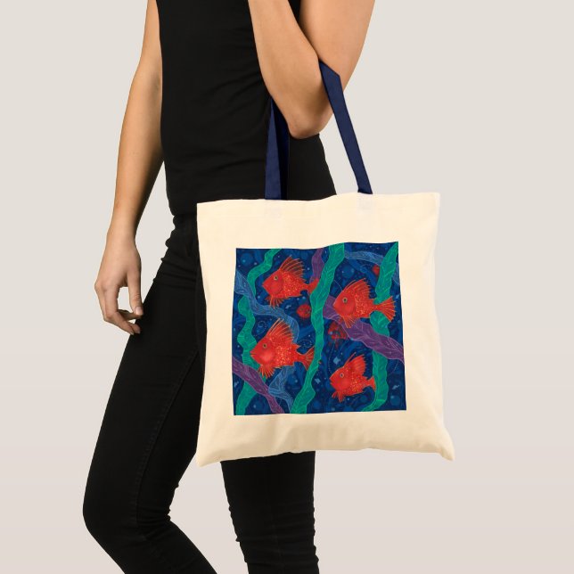 Bolso De Tela Pescado rojo, algas marinas, animales marinos, art (Anverso (producto))