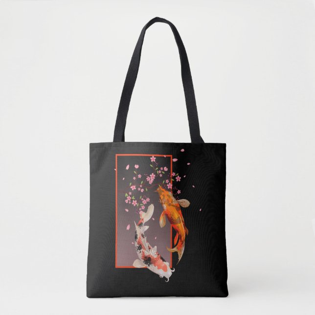 Bolso De Tela Pescados y flores de Koi japoneses (Anverso)