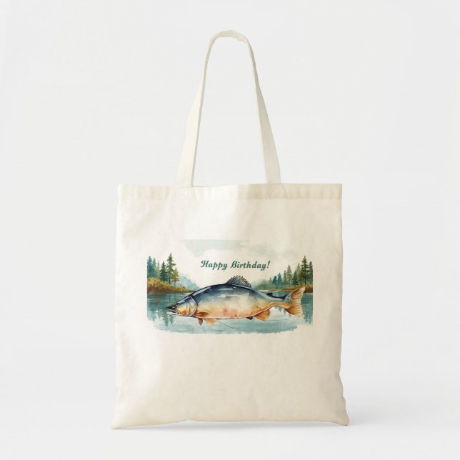Bolso De Tela Pescando cumpleaños con tema de pastel (Frente)