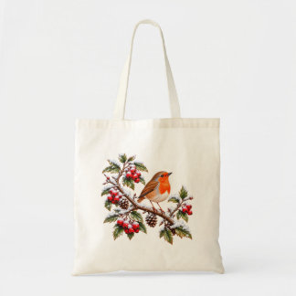 Bolso De Tela Petirrojo en rama invernal nevada Navidad