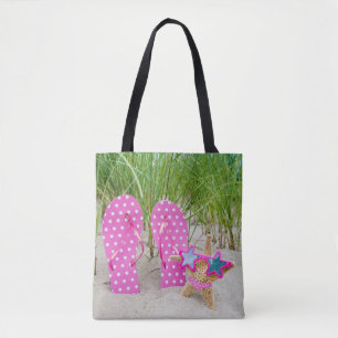 Bolso De Tela pez estrella y chanclas en la arena
