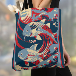Bolso De Tela Pez Koi con Monograma de Gran Ola Azul Rojo