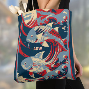 Bolso De Tela Pez Koi con Monograma de Gran Ola Azul Rojo