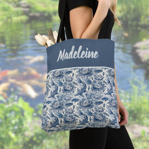 Bolso De Tela Pez Koi y Nenúfar Azul Chinoiserie Monograma