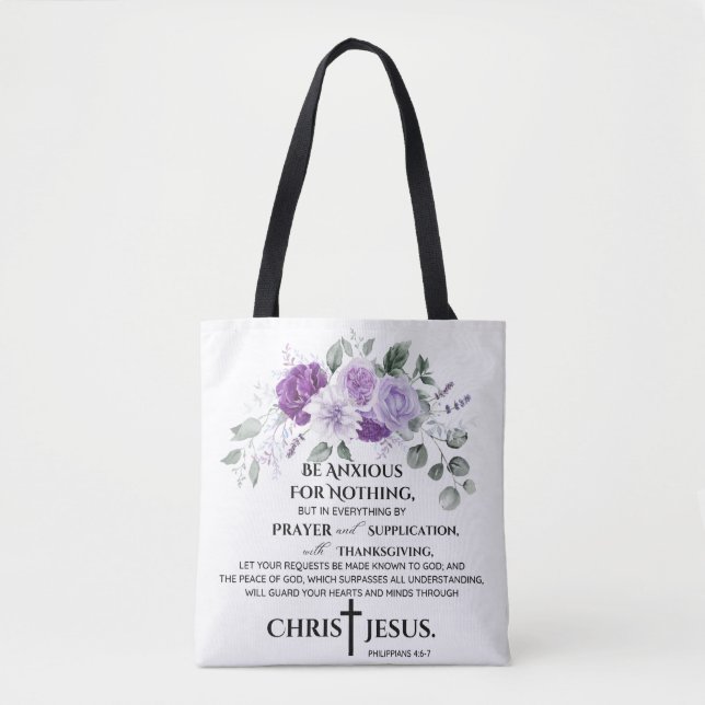Bolso De Tela Philippians 4:6-7 Scripture Purple Flowers (Anverso)