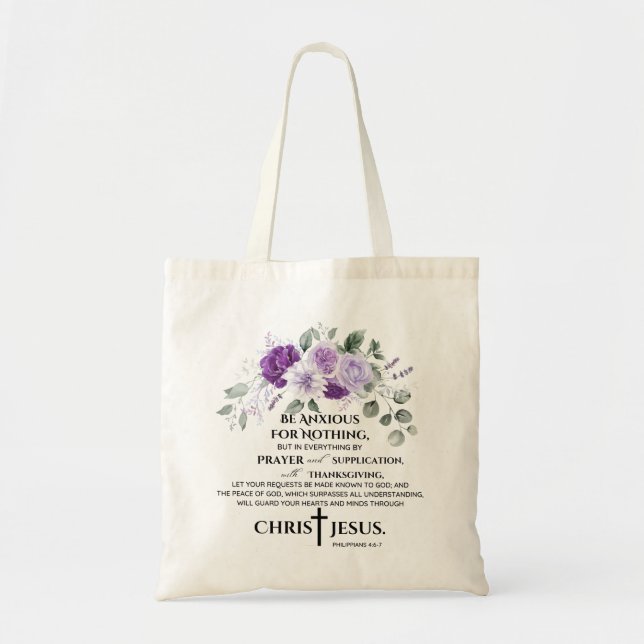 Bolso De Tela Philippians 4:6-7 Scripture Purple Flowers (Frente)
