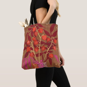 Bolso De Tela Physalis Linternas chinas Papel Collage Arte Flora