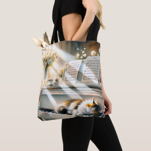 Bolso De Tela Piano de Ensueño Cottagecore con Gato bajo la Luz 